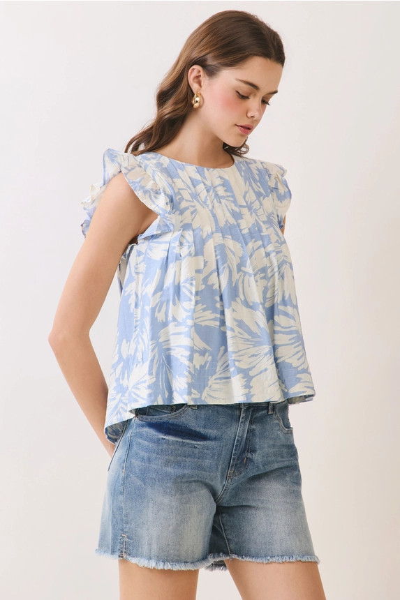TCEC Women's Blue Floral Print Pleated Bodice Ruffle Sleeve Top