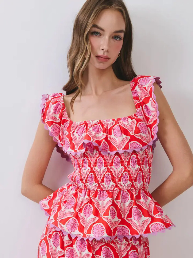 TCEC Women's Red Floral Print Smocked Bodice Ruffle Layered Top