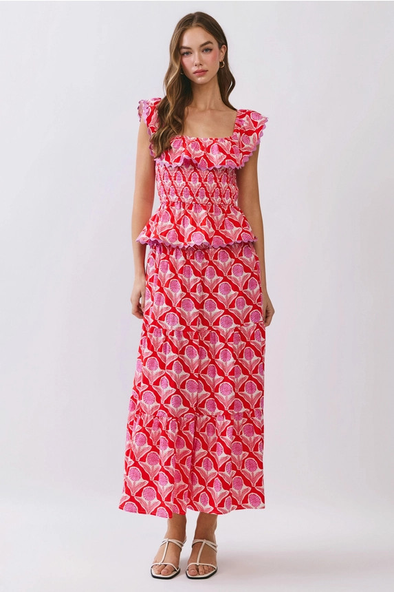 TCEC Women's Red Floral Print Smocked Bodice Ruffle Layered Top