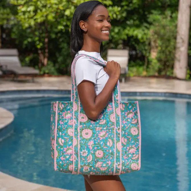 Anju Aqua Bloom Quilted Block-Printed Tote