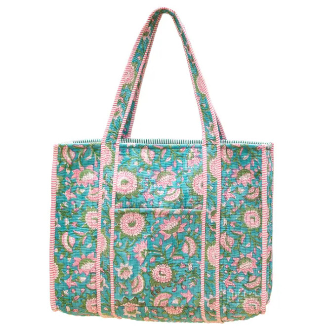 Anju Aqua Bloom Quilted Block-Printed Tote