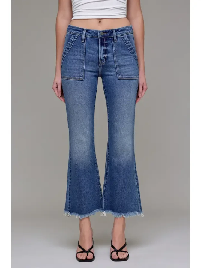 Hidden Jeans Women's Medium Wash Frayed Hem Cargo Crop Flare