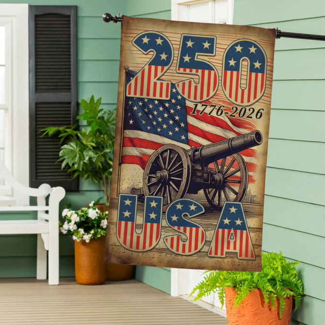 Evergreen 250th Anniversary Cannons Burlap House Flag