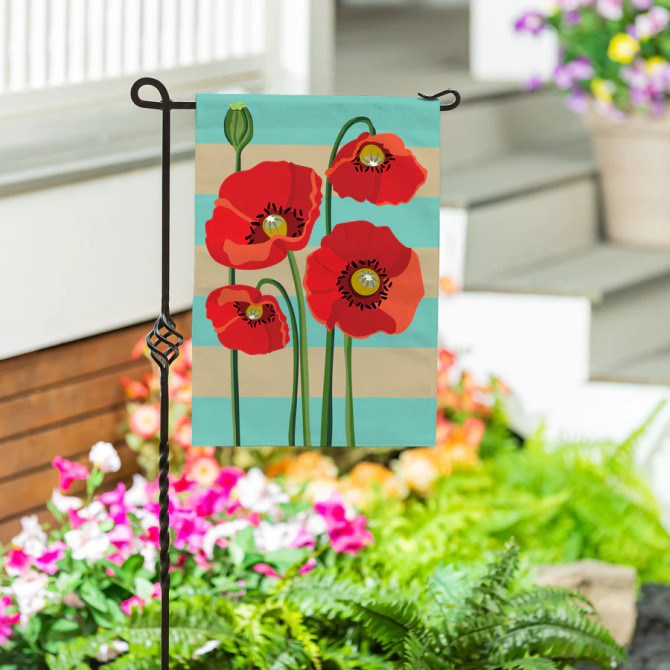 Evergreen Stripes & Poppies Burlap Garden Flag