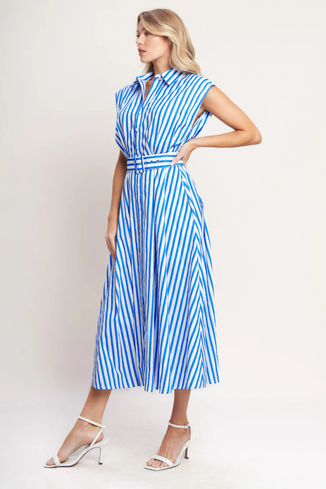Flying Tomato Women's Ivory Blue Bistro Stripe Midi Dress