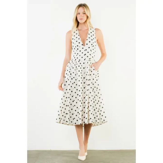 THML Women's White Sleeveless Polka Dot Dress