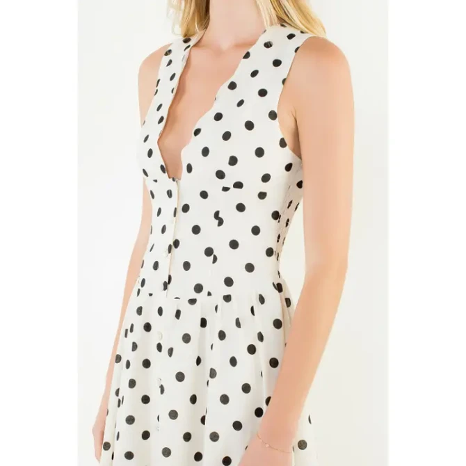 THML Women's White Sleeveless Polka Dot Dress