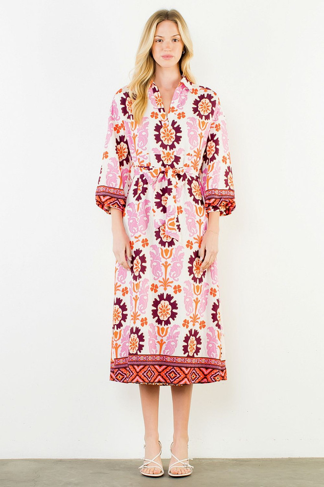 THML Women's Floral Print Long Dress with Tie Waist - Pink