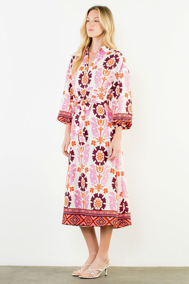 THML Women's Floral Print Long Dress with Tie Waist - Pink