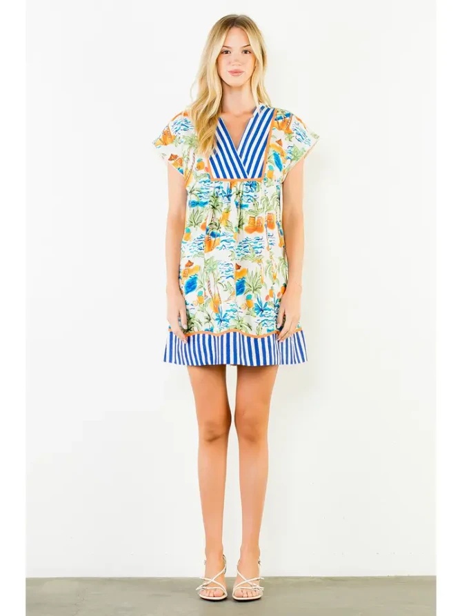 THML Women's Tropical Print V-Neck Dress - White