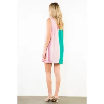 THML Women's Ruffle Neck Tassel Colorblock Dress - Pink