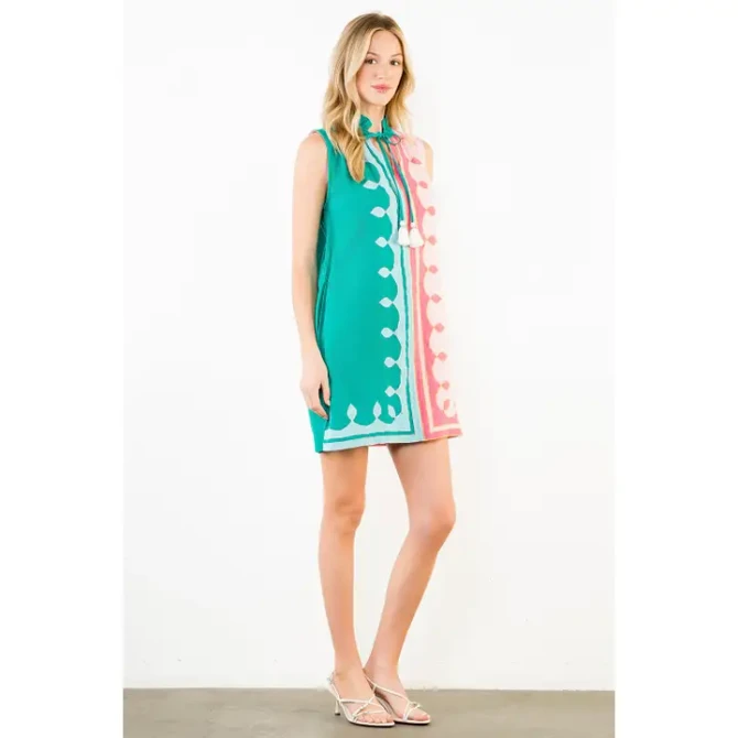 THML Women's Ruffle Neck Tassel Colorblock Dress - Pink