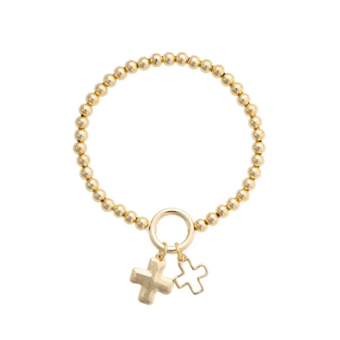 Canvas Loretta Cross Charm Ball Bead Bracelet - Shiny Gold