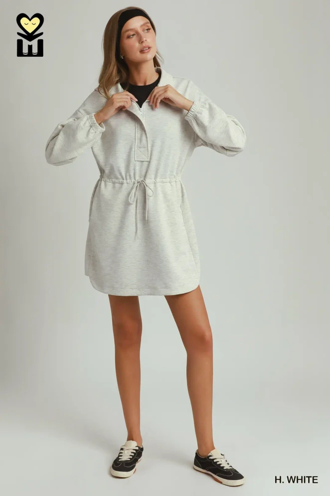 Umgee Women's Half Zip-Up Dress - Heathered White