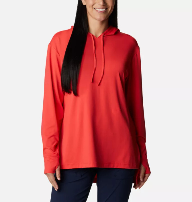 Columbia Women's PFG Freezer Cover Up II Hooded Shirt-Red Hibiscus