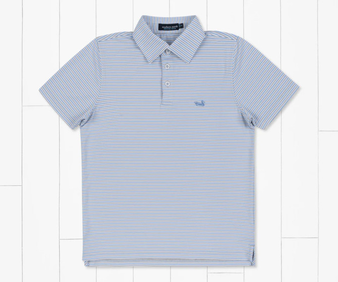 Youth Bermuda Performance Polo Sumter Stripe- Light Blue and White