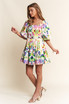 J.NNA Greenish Floral Print Puff Sleeve Short Dress