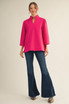 Jodifl Standing Collared Puff Shoulder Solid Top - Hot Pink Jodifl Standing Collared Puff Shoulder Solid Top - Hot Pink