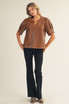 Jodifl Caramel Pintuck Sleeve Detail Faux Leather Top