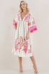 Sundayup Hot Pink Contrast Long Sleeve V-Neck Embroidered Dress