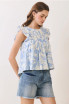 TCEC Women's Blue Floral Print Pleated Bodice Ruffle Sleeve Top