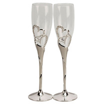 Silver Plated Pair of Champagne Glasses With Hearts And Crystal