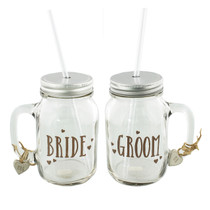Love Story Mason Jar Drinking Glasses Set of 2 'Bride And Groom'