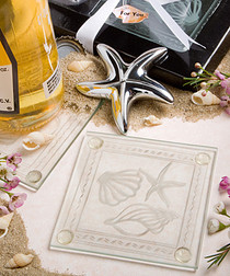 Lovely Shell And Starfish Design Set of Coasters And Bottle Opener Set