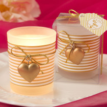 Glass gold heart design votive candle holder with a white and gold  striped design