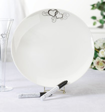 Round Silver Heart Guest Signing Plate With 2 Pens