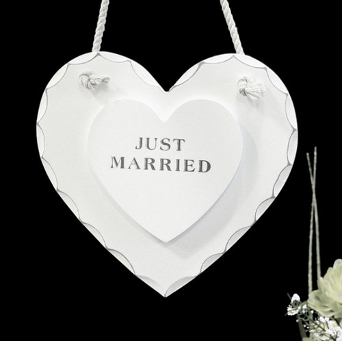 White Wooden Just Married Hanging Heart
