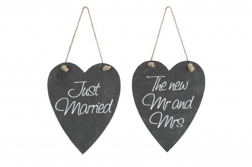 2 Assorted Hanging Wedding Slate Hearts 'Just Married And The New Mr. And Mrs.'
