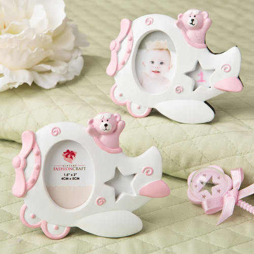 Pink Airplane Design Photo Frame With Adorable Teddy Bear Decoration.