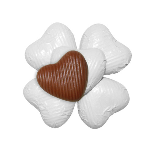 100 Solid Milk Chocolate Hearts in White Foil