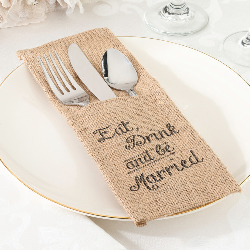 Set of 4 Eat, Drink And Be Married Burlap Silverware Holders