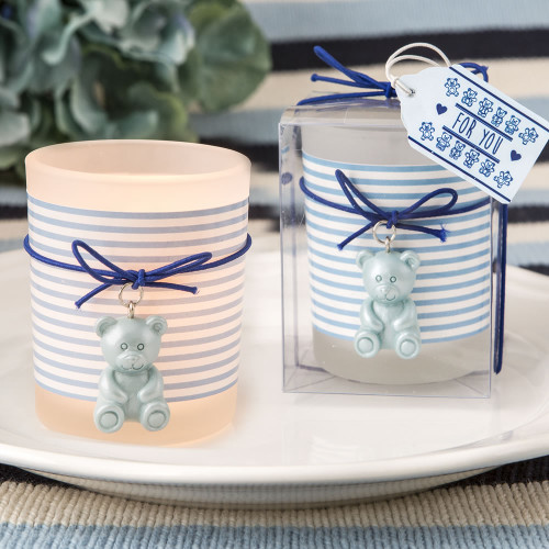 Blue teddy bear themed frosted glass votive from soleFavours