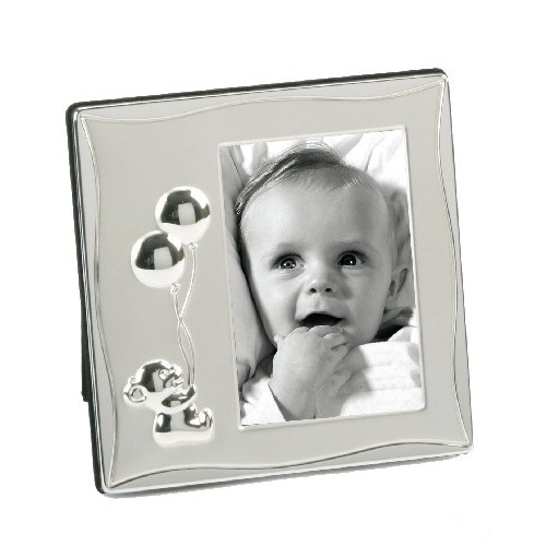 Silver Plated Satin Baby Frame Teddy Holding Balloons 3x4