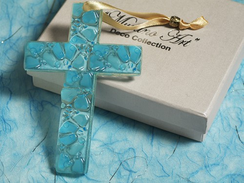 Murano Art Deco Collection Glass Cross Aqua