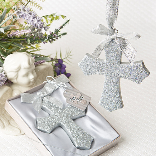 Silver Glitter Design Cross Ornament From White Dream