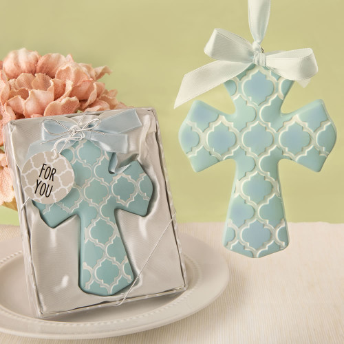 Blue Hampton Link Design Cross Ornament