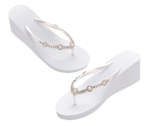 White Pearl Rhinestone Wedge Flip Flops Large