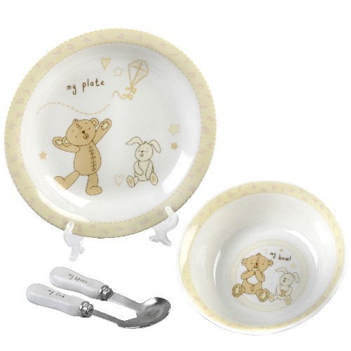 Button Corner Ceramic Baby Set Bowl Plate Fork Spoon