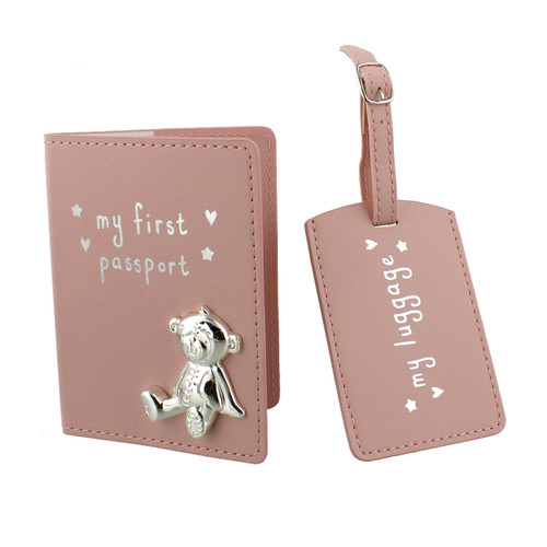 Button Corner PU My First Passport And Luggage Tag Pink