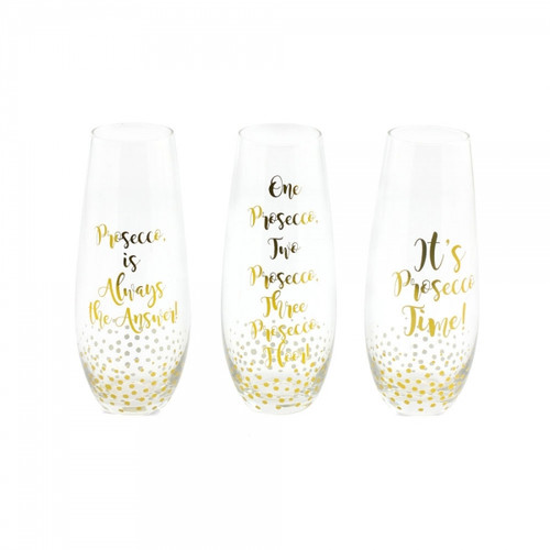 Set of 3 Stem less Wine Glasses With Gold Prosecco Messages