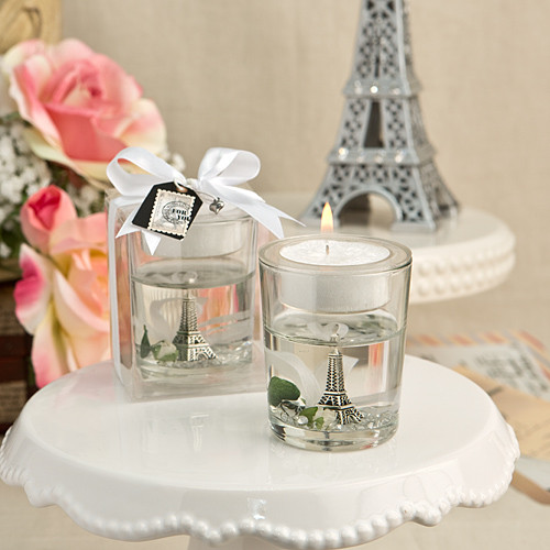 Paris Eiffel Tower Gel Candle Holder With White Rose And Leaf Detail