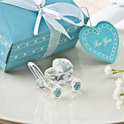 Choice Crystal Collection Clear Crystal Glass Baby Carriage With Blue Crystal Design Accents