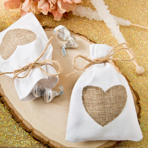 12 x Rustic Vintage Shabby Chic White Cotton Favour Bag With Burlap Heart Applique