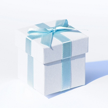 White Pearlised Box With Baby Blue Ribbon And Tissue Paper