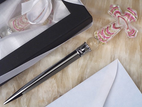 Murano Art Deco Collection Letter Opener Pink Glass Cross