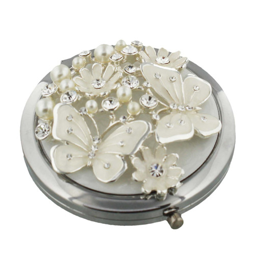 Sophia Silver Plated Compact Mirror Butterflies And Flowers